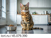 A cute Bengal cat near a feeding bowl in a white kitchen. The cat is looking at the camera. Taking care of animals. Стоковое AI-изображение, AI-художник Photojuli / Фотобанк Лори