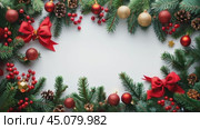 Christmas tree frame with green fir branches, red bow, berries and gold lights isolated on white background. Pine, xmas evergreen plants frame. garland decoration, holiday card with copy space. Стоковое AI-видео, аниматор Ирина Михайличенко / Фотобанк Лори