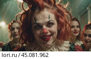 Scary smiling clown in red wig. Generative AI. Стоковое AI-видео, аниматор Ильин Сергей / Фотобанк Лори