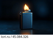 Горящая зажигалка на столе в темной комнате. Copy ad text space. Стоковое AI-изображение, AI-художник Щеголева Ольга / Фотобанк Лори