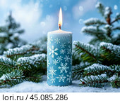 New Year candle, Christmas tree decorations, still life. Festive atmosphere of the New Year, blurred background of colored lights. Стоковое AI-изображение, AI-художник Сергей Елизарьев / Фотобанк Лори