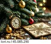 The clock is counting down the last hours of the outgoing old year. There are presents and a greeting card under the tree. There is very little time left until the New Year. Is everything ready to celebrate the New Year? New Year's cardeady to celebrate the New Year? Стоковое AI-изображение, AI-художник Сергей Елизарьев / Фотобанк Лори