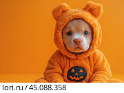 Pitbull dog in Halloween orange costume on orange background, concept of festive pet costume, celebration industry, dog lovers, copyspace. Стоковое AI-изображение, AI-художник Ирина Михайличенко / Фотобанк Лори