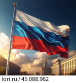 Флаг России флаг, развевающийся, триколор, россия, российская, федерация, символ, государство, белый, синий, красный, цвета государственный, национальный, официальный, флаг, символ, россия, рф, российский, федерация, триколор, трехцветный, красный, синий, белый, трехполосный, полотнище, полощется, развеваться, развевается, флагшток, голубой, небо, облака, солнечный, день. Стоковое AI-изображение, AI-художник Ефимчик Елена Николаевна / Фотобанк Лори