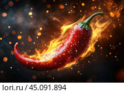 Bright red hot chili pepper surrounded by fiery flames and sparks. The pepper looks fresh, its surface is covered with droplets of water, which makes it juicy. In the background, you can see smoke and flying fire particles, creating an atmosphere of heat and spiciness. The scene conveys a sense of spice and piquancy, as well as the dynamism of fire. The photo is perfect for illustrating a theme dedicated to dishes with delicate products, cooking or spices. Стоковое AI-изображение, AI-художник Анна Кривицкая / Фотобанк Лори