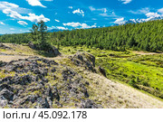 Скальные выходы у реки Куркурек и озера Джангысколь в предгорье Северо-Чуйского хребта. Урочище Ештыкель, Кош-Агачский район горного Алтая. Стоковое фото, фотограф Евгений Мухортов / Фотобанк Лори