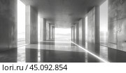 Minimalistic concrete hallway with large pillars and natural light streaming through open spaces,  creating a futuristic and serene atmosphere. Стоковое AI-изображение, AI-художник Anastacia Gaikova / Фотобанк Лори