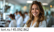 A young female doctor in a white coat standing in a clinic lobby. Стоковое AI-изображение, AI-художник Anastacia Gaikova / Фотобанк Лори