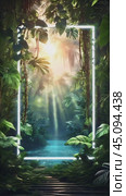 A glowing white neon frame around beautiful big palm leaves, sun rays, floating luminous particles, an empty place to copy, a composition for a banner. Стоковое AI-видео, аниматор Терехова Марина / Фотобанк Лори