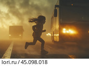 Little girl crosses road in front of oncoming traffic. Стоковое AI-изображение, AI-художник Владимир Григорьев / Фотобанк Лори