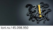 Problem, solution, confusion counseling. Pile of black question mark symbols with one golden exclamation mark on dark background. Large pile of black question mark symbols. 3D rendering. Стоковое фото, фотограф Павел Муравьев / Фотобанк Лори
