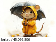 A charming cartoon mouse in a yellow raincoat holding a black umbrella. The mouse is standing on wet ground with raindrops falling around it. Leaves are scattered underfoot, creating the atmosphere of an autumn rainy day. The illustration is done in a soft watercolor style, which adds lightness and kindness to the image. This photo is perfect for use on children's products, postcards or in thematic articles about autumn. Стоковое AI-изображение, AI-художник Анна Кривицкая / Фотобанк Лори