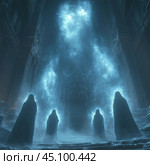 Four dark figures standing in front of a monumental gate or entrance to a castle, shrouded in a mystical blue light and fog. These figures resemble ghosts or mystical creatures in long cloaks, creating an atmosphere of mystery and otherworldliness. The scene is dramatic and reminiscent of a scene from a paranormal or dark magic movie. The walls and architecture in the background appear ancient and imposing, adding to the sense of grandeur. Стоковое AI-изображение, AI-художник Анна Кривицкая / Фотобанк Лори