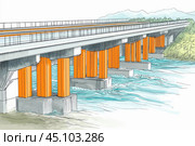 Highway bridge spanning a rapid river illustration. Стоковое AI-изображение, AI-художник Юрий Поздников / Фотобанк Лори
