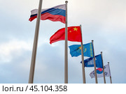 View on the flags of China, Kazakhstan, South Korea, Russia and Commonwealth of Independent States on the background of cloudy sky. Стоковое фото, фотограф Михаил Строгалев / Фотобанк Лори