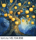 A fantastic tree with bright golden apples hanging on its branches. The painting is done in watercolor technique, creating a soft, mystical atmosphere. The background is done in blue and dark blue tones, which creates a feeling of night time, when the tree is illuminated by the magical light emanating from the apples. The branches of the tree are intertwined, adding dynamics and mystery to the picture. This image is reminiscent of a fairy tale or myth, conveying a sense of magic and mystery. Стоковое AI-изображение, AI-художник Анна Кривицкая / Фотобанк Лори
