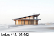 A modern minimalist house with a sloping roof, built of glass, wood and concrete. The house has large panoramic windows, allowing natural light to fill the space. The building is surrounded by sand dunes, creating an atmosphere of privacy and spaciousness. Elegant wooden panels contrast with the simplicity of concrete elements, emphasizing the style and eco-design of the house. Стоковое AI-изображение, AI-художник Анна Кривицкая / Фотобанк Лори