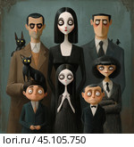 A cartoonish interpretation of the Addams Family, consisting of its main characters. In the center stands Morticia Addams, with her characteristic pale skin and black hair, next to her is Gomez Addams and the other members of the family: the children Wednesday and Pugsley, as well as Uncle Fester. They are all dressed in black and dark colors, which emphasizes their gothic style and dark atmosphere. Their facial expressions look serious and slightly sinister, which enhances the sense of dark humor and irony characteristic of the Addams Family. The cartoonish style adds a fun and comical touch to the image. Стоковое AI-изображение, AI-художник Анна Кривицкая / Фотобанк Лори