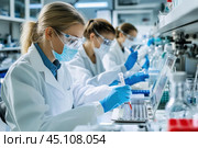 Team of medical researchers working with pipettes and microplates in a modern laboratory. Стоковое AI-изображение, AI-художник Юрий Поздников / Фотобанк Лори