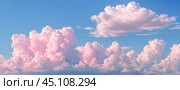 Panoramic Sky with Soft Pink Clouds at Dawn Dusk, Fluffy Cloud Formation in Pastel Colors, Wide Serene Skyscape, Gentle Sunrise Sunset Cotton Candy Clouds. Стоковое фото, фотограф Павел Муравьев / Фотобанк Лори