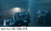 Futuristic control room with advanced computer workstations and blue LED lighting in high-tech environment for science fiction and modern technology concept. Стоковое фото, фотограф Павел Муравьев / Фотобанк Лори