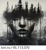 An artistic composition depicting the face of a woman smoothly merging with the forest. The trees growing from her head symbolize harmony with nature, the unity of man and the surrounding world. The black and white palette gives the image an atmosphere of mystery and depth, making it ideal for themes related to nature, psyche, ecology and philosophical reflections. Стоковое AI-изображение, AI-художник Анна Кривицкая / Фотобанк Лори