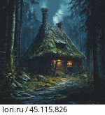 Mysterious house in the forest at night. The house looks old, with a roof covered in moss and grass, and smoke rising from the chimneys, indicating that there is a fire burning inside. The house is lit with a warm light from the inside, creating a contrast with the dark and gloomy atmosphere of the dense forest. The stone path leading to the house looks a little overgrown, which adds to the feeling of abandonment and seclusion. This house seems like a secluded refuge in the wilderness, hidden from prying eyes, with an atmosphere of a fairy tale or dark fantasy. Стоковое AI-изображение, AI-художник Анна Кривицкая / Фотобанк Лори