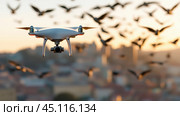 Drone flying amidst a flock of birds at sunset, capturing stunning aerial views, AI. Стоковое AI-изображение, AI-художник Сергей Старуш / Фотобанк Лори