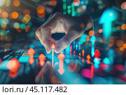 Increased profits. Benchmarking. Businessman analyzes profitability of working companies with digital augmented reality graphics, positive indicators, growing up graph and charts, colorful arrows. Стоковое AI-изображение, AI-художник Марина Демидюк / Фотобанк Лори