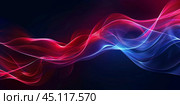 Abstract colorful wave of red and blue light with flowing curves on a dark background, creating a dynamic and futuristic design. Стоковое AI-изображение, AI-художник Anastacia Gaikova / Фотобанк Лори