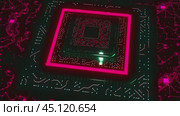 Neon light revealing futuristic microchip on motherboard. Стоковое видео, видеограф Данил Руденко / Фотобанк Лори