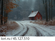 A secluded house in the middle of the forest in winter. The road, covered with a thin layer of snow, smoothly curves towards the house, creating an atmosphere of calm and comfort. The leaves on some trees still retain their autumn shades, which adds contrast to the winter landscape. The sky and forest are shrouded in a light fog, enhancing the feeling of remoteness and quiet nature. Стоковое AI-изображение, AI-художник Анна Кривицкая / Фотобанк Лори