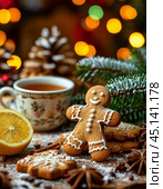 Colorful Christmas gingerbread and aromatic tea, New Year's table. Close-up, blurred background with twinkling lights. Стоковое AI-изображение, AI-художник Сергей Елизарьев / Фотобанк Лори