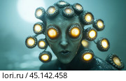 Alien creature with glowing eyes and tentacle-like appendages in a misty environment, AI. Стоковое AI-изображение, AI-художник Сергей Старуш / Фотобанк Лори