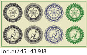 Vector graphic set of financial fictional seals. Collection of round icons with kangaroo and reserve bank of Australia inscription. Emblems or badges. Кенгуру. Стоковая иллюстрация, иллюстратор GAlexS / Фотобанк Лори