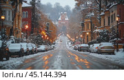 It's snowing outside. Snow-covered street in city with cars, winter cityscape, urban planning, automotive industry. Стоковое AI-видео, аниматор Ирина Михайличенко / Фотобанк Лори