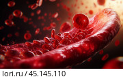 Dynamic flow of red blood cells through a blood vessel illustrating circulation at the microscopic level. Стоковое AI-изображение, AI-художник Сергей Толмачёв / Фотобанк Лори