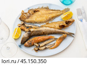 On white background, there is plate with fried fish of different varieties. Стоковое фото, фотограф Яков Филимонов / Фотобанк Лори