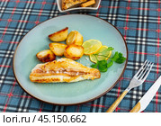 On plate, slice of fried redfish garnished with French fries. Стоковое фото, фотограф Яков Филимонов / Фотобанк Лори