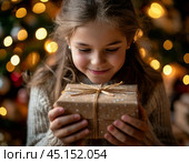 A little girl is happy with a gift, which she opens with great curiosity. The festive atmosphere of New Year and Christmas. Стоковое AI-изображение, AI-художник Сергей Елизарьев / Фотобанк Лори