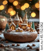 Fairytale Christmas gingerbread town. Gingerbread. Festive New Year atmosphere. New Year's card. Стоковое AI-изображение, AI-художник Сергей Елизарьев / Фотобанк Лори
