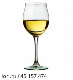 Elegant glass of white wine standing on white background. Стоковое AI-изображение, AI-художник Иван Рябоконь / Фотобанк Лори