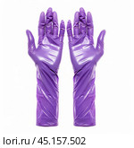 Pair of purple nitrile gloves open and ready for medical use. Стоковое AI-изображение, AI-художник Иван Рябоконь / Фотобанк Лори