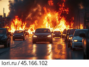 A dramatic scene of riots or pogroms. In the foreground, cars are moving along the street, and in the background, powerful tongues of flame engulf objects and rise high into the sky, accompanied by thick clouds of black smoke. The road reflects the light from the fire, creating a contrast between the calm cars and the chaotic, fiery catastrophe in the background. The scene conveys a sense of threat, destruction and chaos that is characteristic of mass riots. Стоковое AI-изображение, AI-художник Анна Кривицкая / Фотобанк Лори