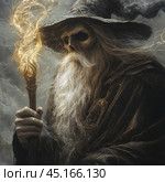 A mystical character resembling a dark magician or necromancer. His face resembles a skull with deep, dark eye sockets, and his long, gray beard gives him an ancient and sinister appearance. He is dressed in a dark robe and wears a wide-brimmed hat. In his hand is a staff, on top of which a magical fire or energy glow glows, adding a mystical effect. The dim and mysterious light emphasizes the dark and enigmatic nature of the image. The image of the character conveys a sense of antiquity, power and dark magic. Стоковое AI-изображение, AI-художник Анна Кривицкая / Фотобанк Лори