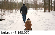 Father and Son in winter snow forest walking. Happy man is pulling child on sled. Dad sledding son. Стоковое видео, видеограф Марина Демидюк / Фотобанк Лори