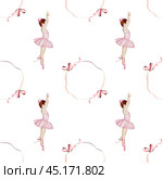 Ballerina watercolor pattern. Hand drawn seamless incredible girl dancer in pink tutu skirt with vintage bows. Clip art on isolated white background of cute ballet beauty. Ideal for baby textiles. Стоковая иллюстрация, иллюстратор Татьяна Трущелева / Фотобанк Лори