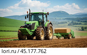 Tractor prepares soil. part of pre-sowing work during spring summer agricultural season. tractor controlled by artificial intelligence. new technologies in agriculture. Стоковое AI-изображение, AI-художник Павел Муравьев / Фотобанк Лори