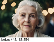 Sophisticated older French woman is in the open air. Demeanor reveals a lifetime of experiences and reflections, embodying grace and wisdom. Well-groomed woman 70 years old with grey hair. AI. Стоковое AI-изображение, AI-художник Юлия Петровская / Фотобанк Лори