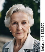 Sophisticated older French woman is in the open air. Demeanor reveals a lifetime of experiences and reflections, embodying grace and wisdom. Well-groomed woman 70 years old with grey hair. AI. Стоковое AI-изображение, AI-художник Юлия Петровская / Фотобанк Лори